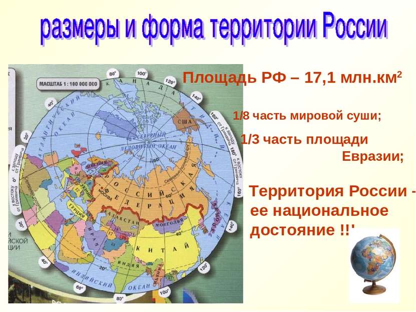 Площадь РФ – 17,1 млн.км2 1/8 часть мировой суши; 1/3 часть площади Евразии; ...