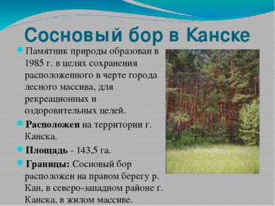 Сосновый бор в Канске Памятник природы образован в 1985 г. в целях сохранения...