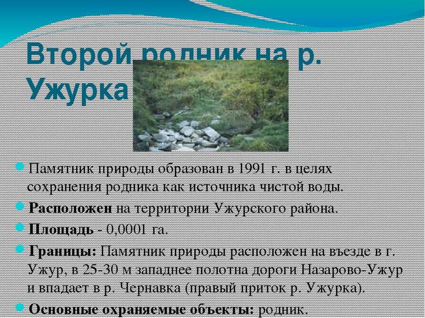 Второй родник на р. Ужурка Памятник природы образован в 1991 г. в целях сохра...