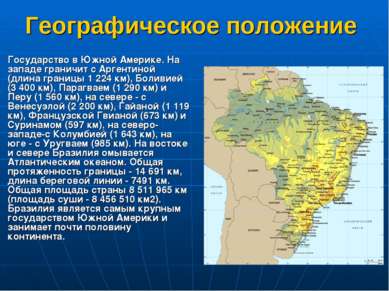 Географическое положение Государство в Южной Америке. На западе граничит с Ар...