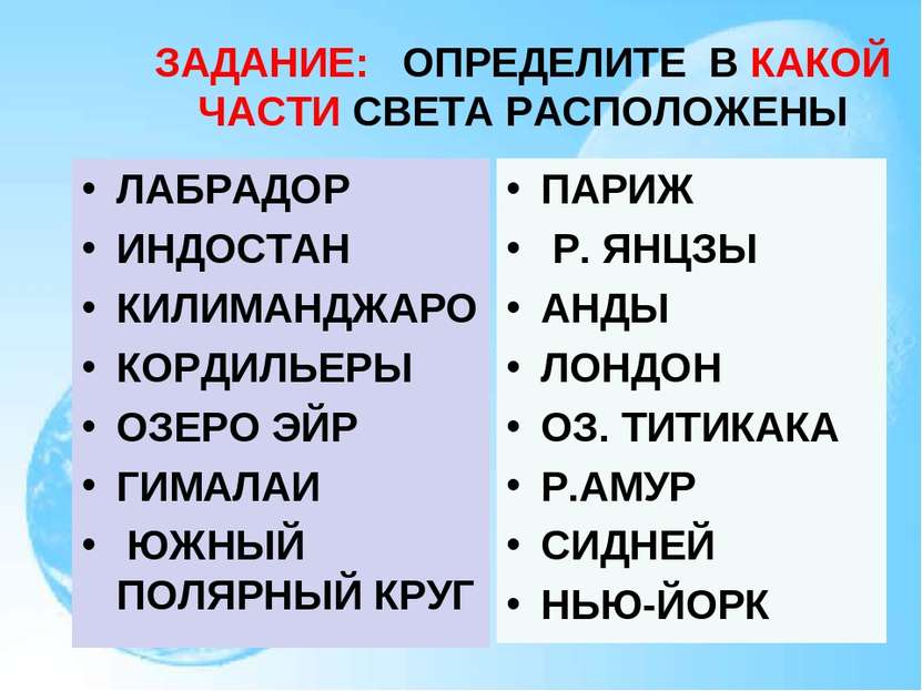 ЗАДАНИЕ: ОПРЕДЕЛИТЕ В КАКОЙ ЧАСТИ СВЕТА РАСПОЛОЖЕНЫ ЛАБРАДОР ИНДОСТАН КИЛИМАН...