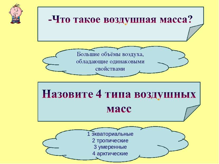 Большие объёмы воздуха, обладающие одинаковыми свойствами 1 экваториальные 2 ...