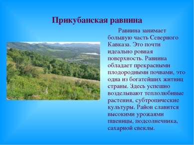 Прикубанская равнина Равнина занимает большую часть Северного Кавказа. Это по...