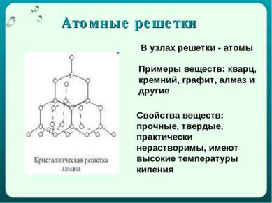 Атомные решетки В узлах решетки - атомы Примеры веществ: кварц, кремний, граф...