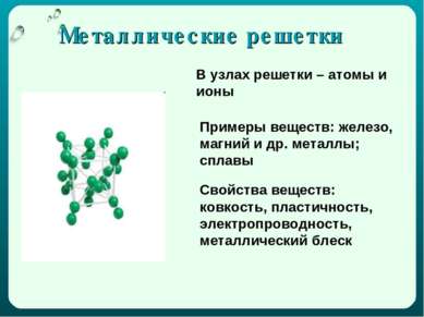 Металлические решетки В узлах решетки – атомы и ионы Примеры веществ: железо,...