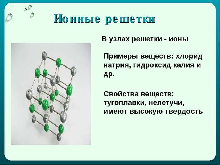 Ионные решетки В узлах решетки - ионы Примеры веществ: хлорид натрия, гидрокс...