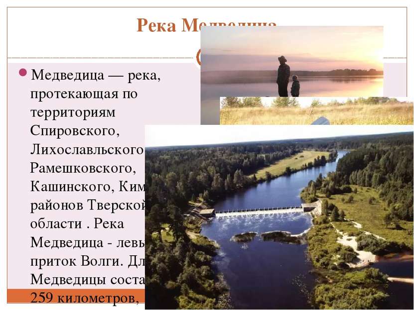 Река Медведица Медведица — река, протекающая по территориям Спировского, Лихо...