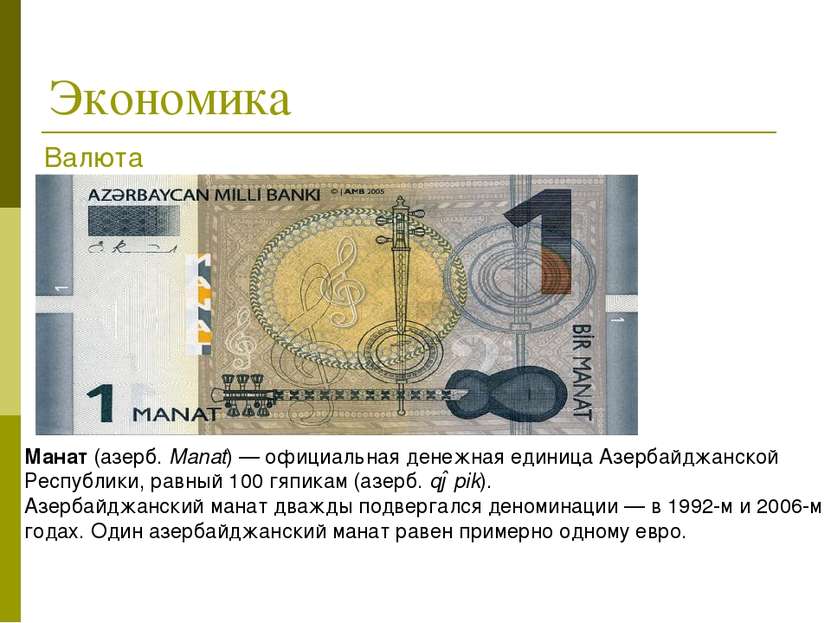 Экономика Манат (азерб. Manat) — официальная денежная единица Азербайджанской...