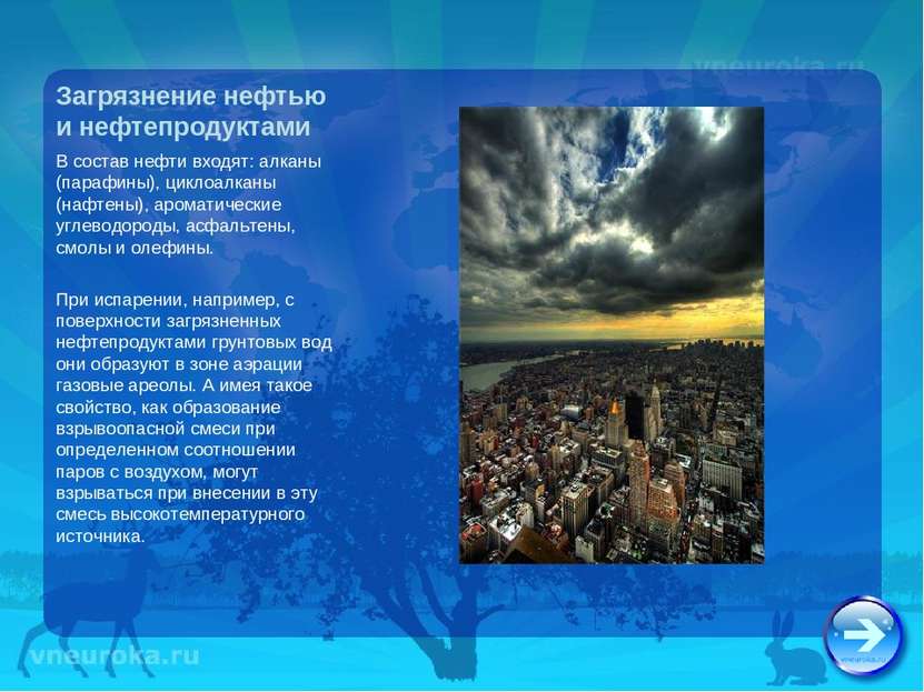 Загрязнение нефтью и нефтепродуктами В состав нефти входят: алканы (парафины)...