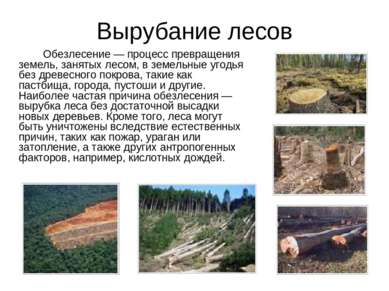 Вырубание лесов Обезлесение — процесс превращения земель, занятых лесом, в зе...