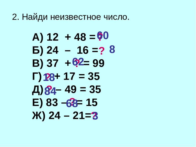 2. Найди неизвестное число. А) 12 + 48 = Б) 24 – 16 = В) 37 + = 99 Г) + 17 = ...