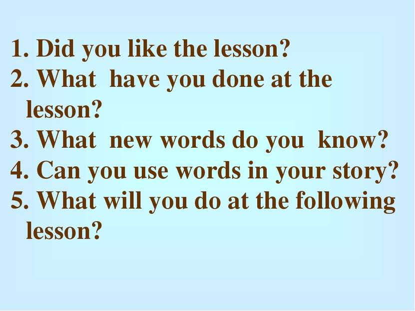 Did you like the lesson? What have you done at the lesson? What new words do ...