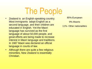 80%-European 9%-Maoris 11%- Other nationalities Zealand is an English-speakin...