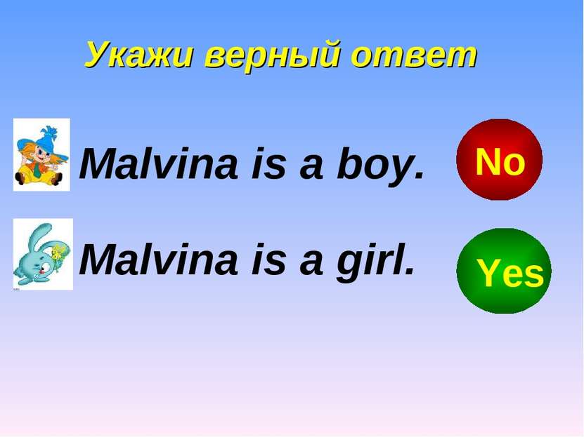 Укажи верный ответ Malvina is a boy. Malvina is a girl. Yes No