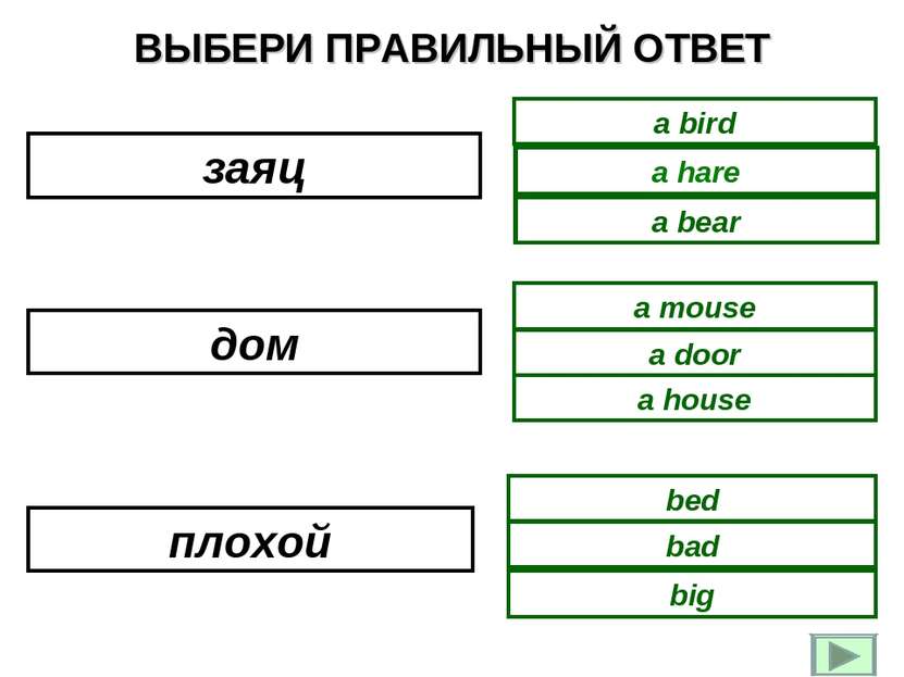 ВЫБЕРИ ПРАВИЛЬНЫЙ ОТВЕТ a bear a bird a hare a house a door a mouse bad bed b...