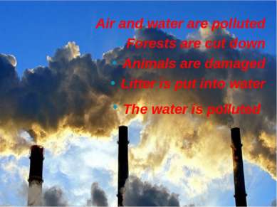 Air and water are polluted Forests are cut down Animals are damaged Litter is...