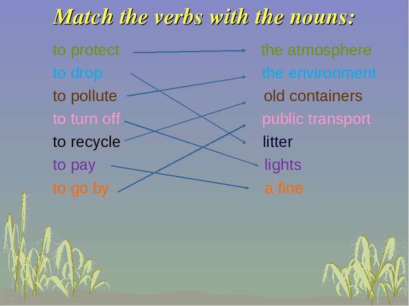 Match the verbs with the nouns: to protect the atmosphere to drop the environ...