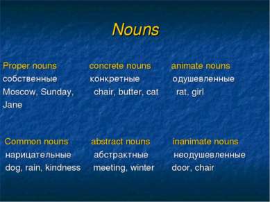 Nouns Proper nouns concrete nouns animate nouns собственные конкретные одушев...