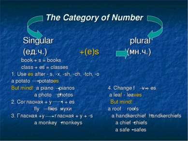 The Category of Number Singular plural (ед.ч.) +(e)s (мн.ч.) book + s = books...