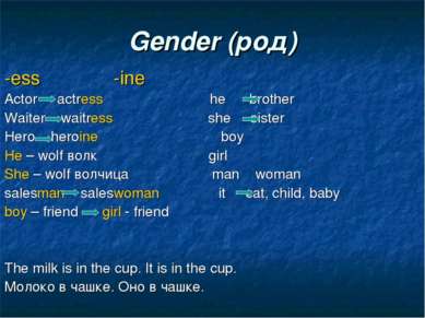 Gender (род) -ess -ine Actor actress he brother Waiter waitress she sister He...