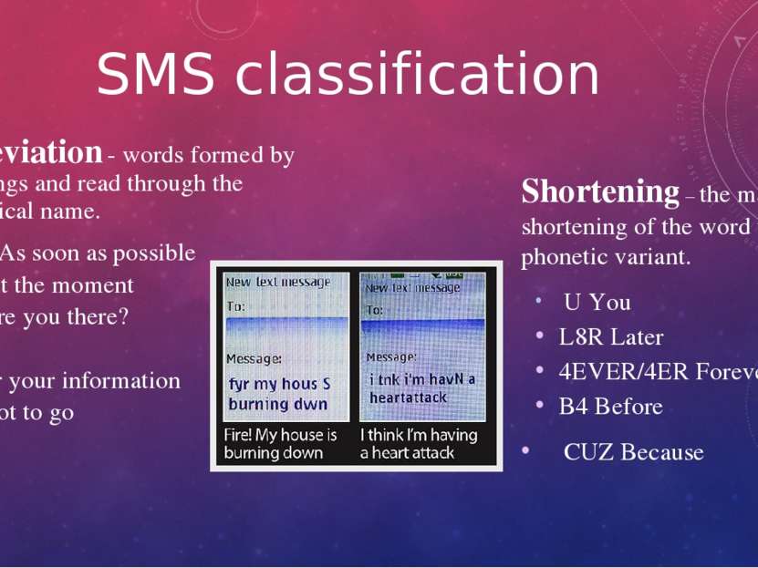 SMS classification Abbreviation - words formed by shortenings and read throug...