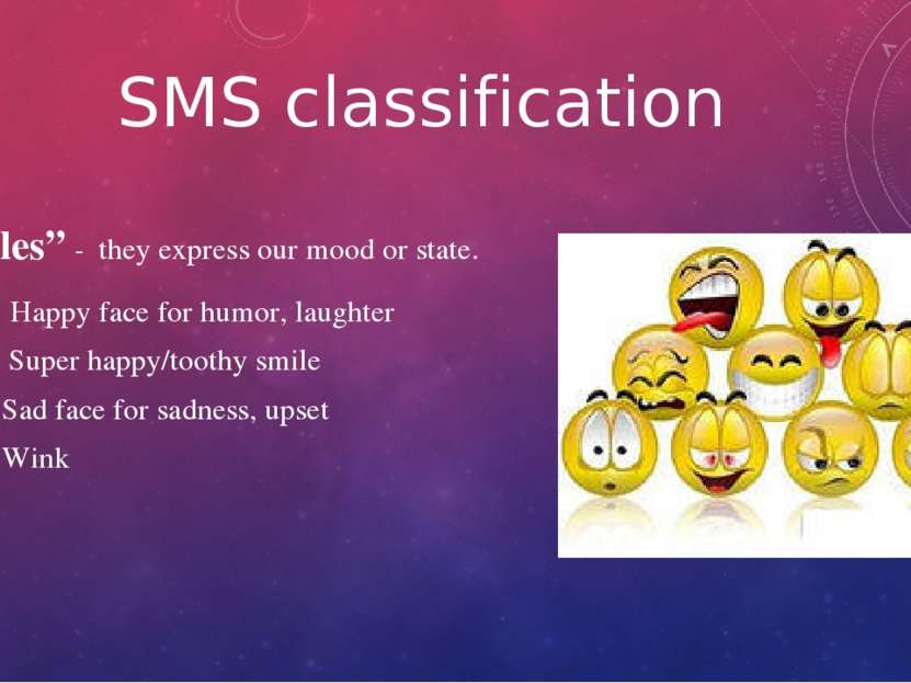 SMS classification “Smiles” - they express our mood or state. :) Happy face f...