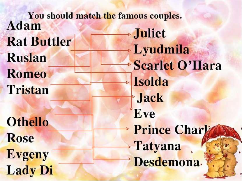 You should match the famous couples. Adam Rat Buttler Ruslan Romeo Tristan Ot...