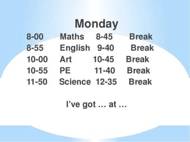 Monday 8-00 Maths 8-45 Break 8-55 English 9-40 Break 10-00 Art 10-45 Break 10...