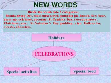 NEW WORDS Divide the words into 3 categories: Thanksgiving Day, roast turkey,...