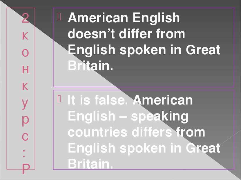 2 конкурс: РАЗМИНКА American English doesn’t differ from English spoken in Gr...