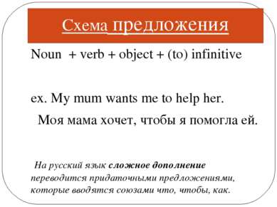 Схема предложения Noun + verb + object + (to) infinitive ex. My mum wants me ...