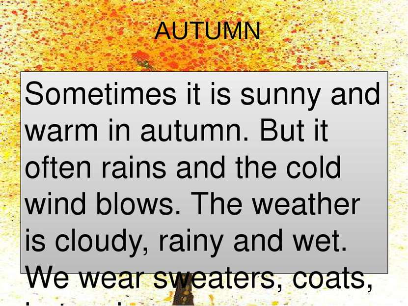 AUTUMN Sometimes it is sunny and warm in autumn. But it often rains and the c...