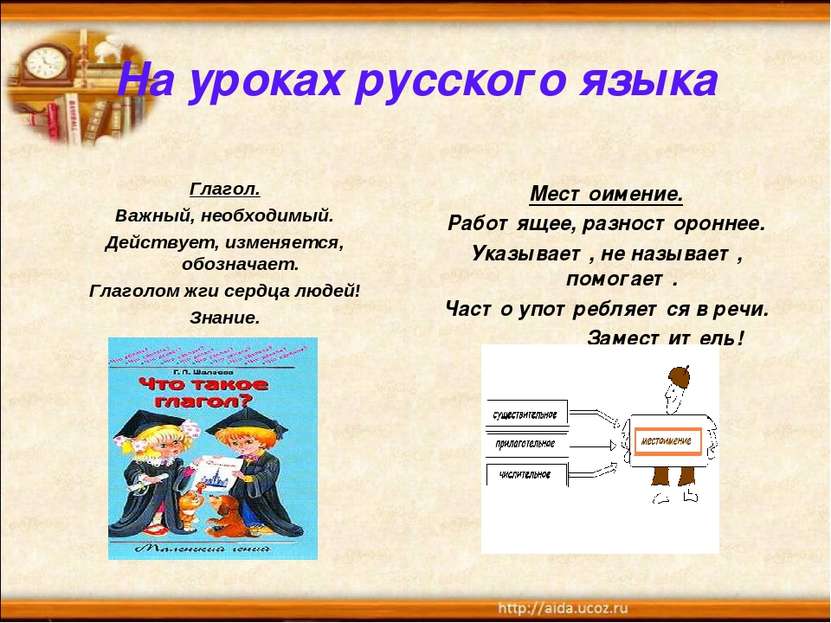 На уроках русского языка Глагол. Важный, необходимый. Действует, изменяется, ...