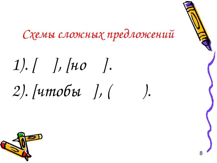 Схемы сложных предложений 1). [ ], [но ]. 2). [чтобы ], ( ).