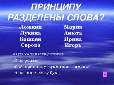 ПО КАКОМУ ПРИНЦИПУ РАЗДЕЛЕНЫ СЛОВА? Ложкин Лукина Кошкин Серова Мария Анюта И...