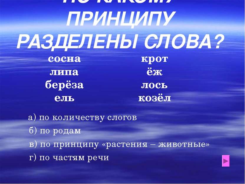 ПО КАКОМУ ПРИНЦИПУ РАЗДЕЛЕНЫ СЛОВА? сосна липа берёза ель крот ёж лось козёл ...