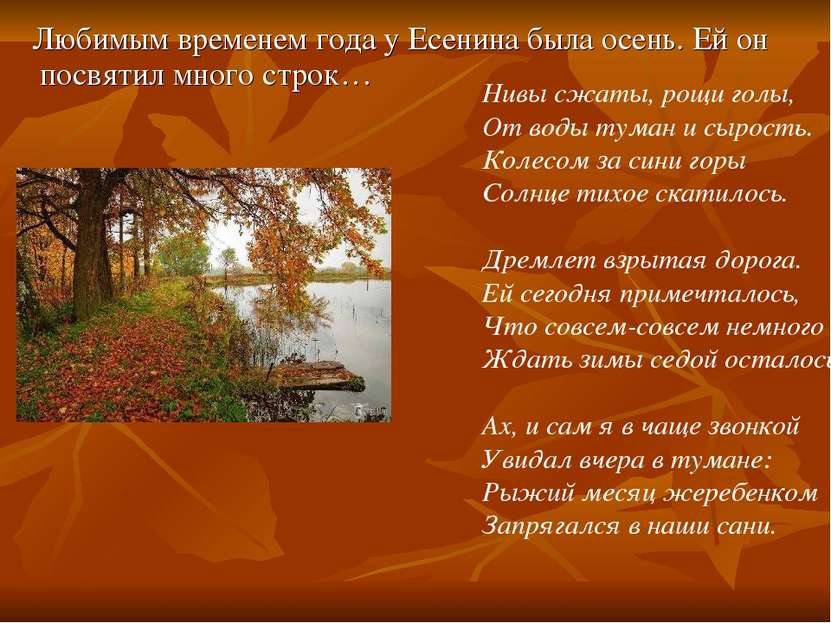 Любимым временем года у Есенина была осень. Ей он посвятил много строк… Нивы ...