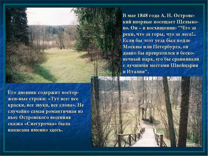 В мае 1848 года А. Н. Островс-кий впервые посещает Щелыко-во. Он – в восхищен...