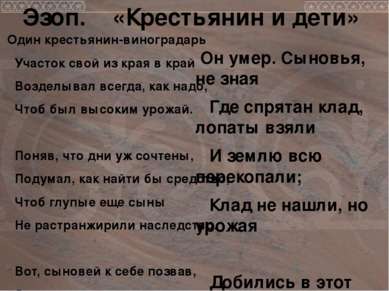 Эзоп. «Крестьянин и дети» Один крестьянин-виноградарь Участок свой из края в ...