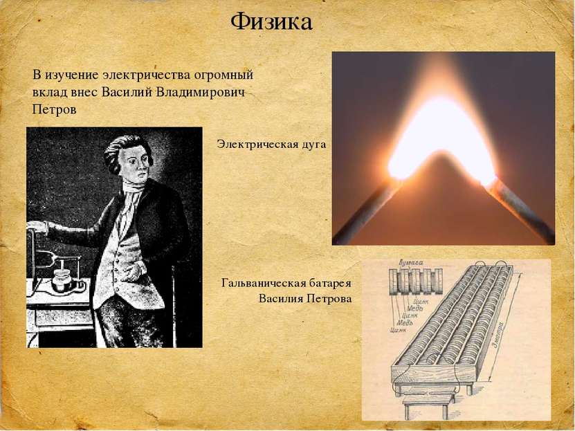 Физика В изучение электричества огромный вклад внес Василий Владимирович Петр...
