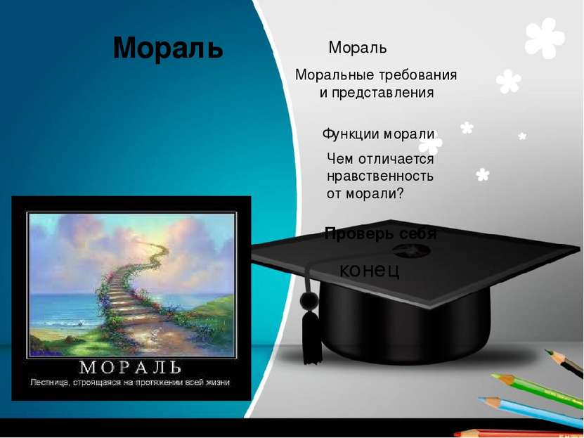 Проверь себя Мораль Моральные требования и представления Функции морали Морал...