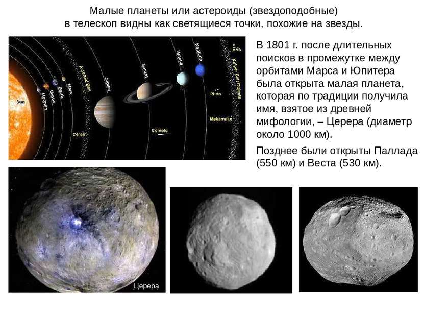 Малые планеты или астероиды (звездоподобные) в телескоп видны как светящиеся ...