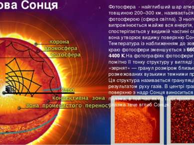 Будова Сонця Фотосфера - найглибший шар атмосфери, товщиною 200–300 км, назив...