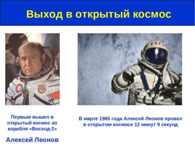 Выход в открытый космос Первым вышел в открытый космос из корабля «Восход-2» ...