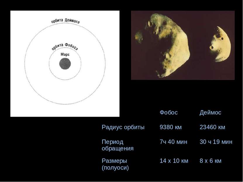 Фобос Деймос Радиус орбиты 9380 км 23460 км Период обращения 7ч 40 мин 30 ч 1...