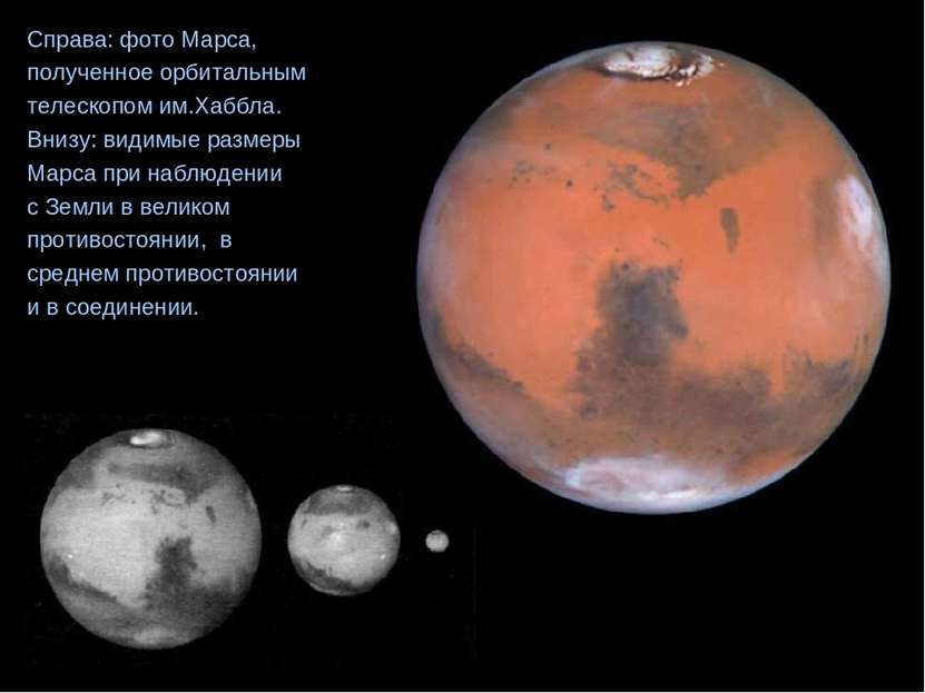 Справа: фото Марса, полученное орбитальным телескопом им.Хаббла. Внизу: видим...