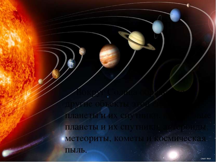 Вокруг Солнца обращаются другие объекты этой системы:  планеты и их спутники,...