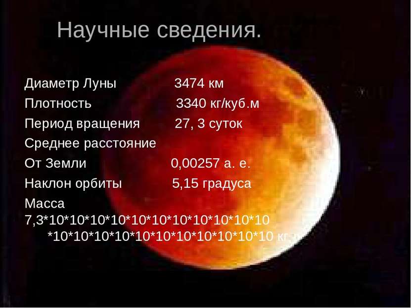 Научные сведения. Диаметр Луны 3474 км Плотность 3340 кг/куб.м Период вращени...