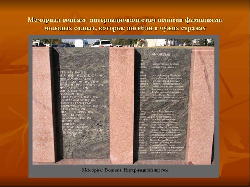 Мемориал воинам- интернационалистам исписан фамилиями молодых солдат, которые...