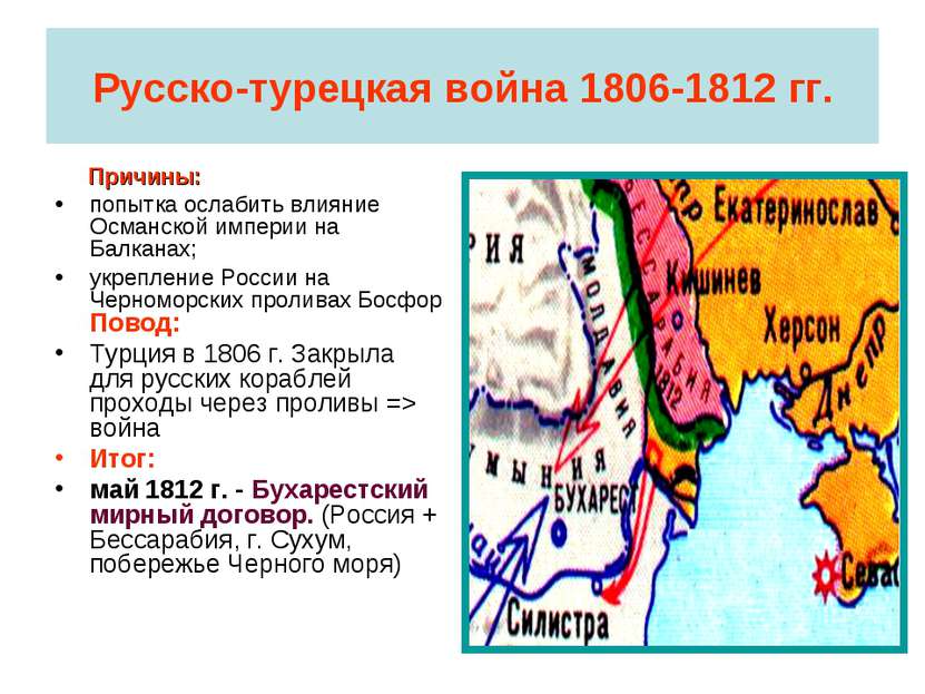 Русско-турецкая война 1806-1812 гг. Причины: попытка ослабить влияние Османск...